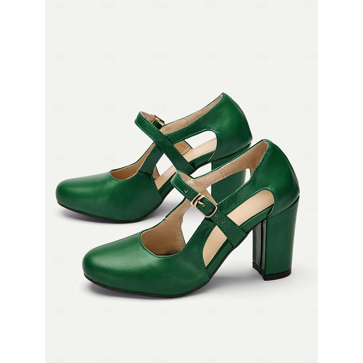 Vintage Green Mary Jane Block Heel Shoes for Women - Chunky High Heels with Buckle Strap, Retro Style Comfortable Leather Pumps 2025