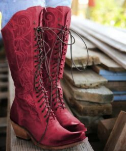 Vintage Red Lace-Up Western Cowboy Boots - Women's Knee-High Leather Boots for Country and Western Events 2025