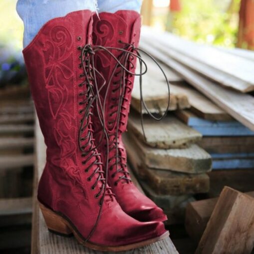 Vintage Red Lace-Up Western Cowboy Boots - Women's Knee-High Leather Boots for Country and Western Events 2025