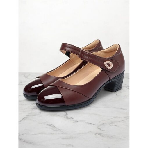 Women's Black Mary Jane Pumps with Block Heels, Patent Leather Toe, and Rhinestone Buckle for Office and Formal Wear 2025 - Image 2
