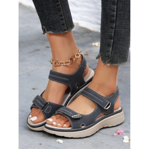 Women's Comfortable Gray Faux Leather Magic Tape Sporty Sandals with Cushioned Sole for Casual Outings 2025 - Image 2