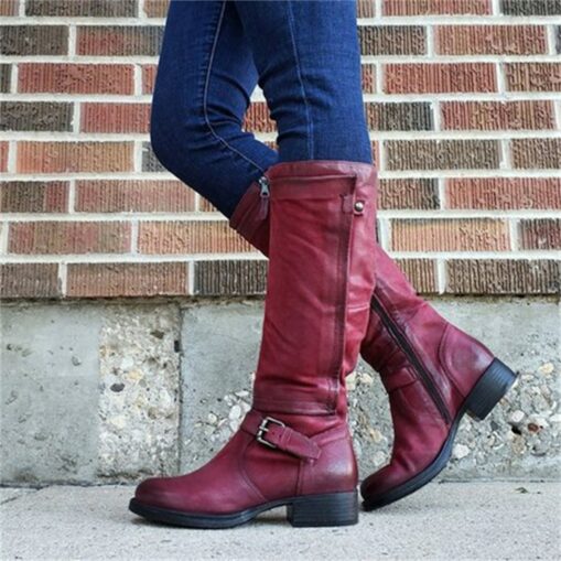 Women's Black Faux Leather Knee-High Boots with Buckle Strap and Low Block Heel - Stylish and Comfortable Fall and Winter Footwear 2025 - Image 4