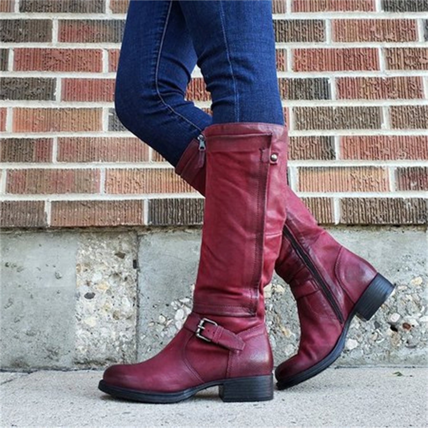 Women's Black Faux Leather Knee-High Boots with Buckle Strap and Low Block Heel - Stylish and Comfortable Fall and Winter Footwear 2025 - Image 4
