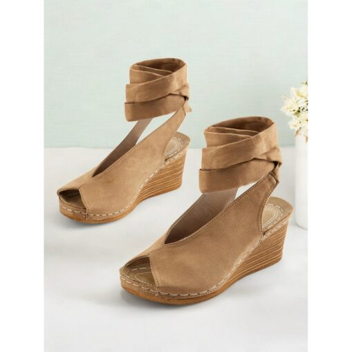 Women's Khaki Faux Suede Wedge Sandals with Peep-Toe and Wraparound Ankle Straps - Comfortable Summer Shoes for Casual and Beach Wear 2025 - Image 2