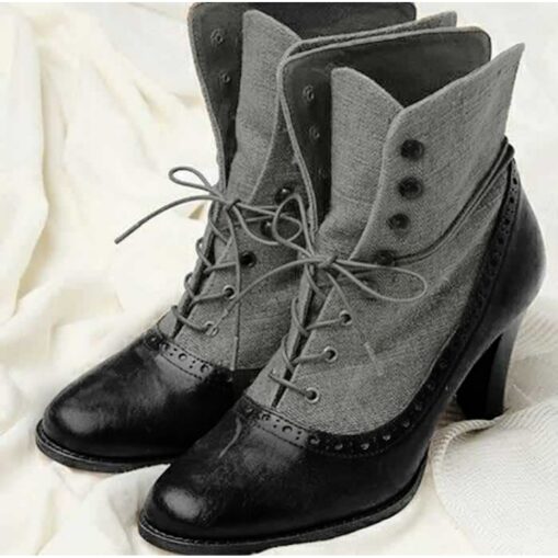 Women's Victorian Lace-Up Ankle Boots with Vintage Brogue Detailing – Faux Leather and Fabric High Heel Boots for Retro Fashion 2025 - Image 2