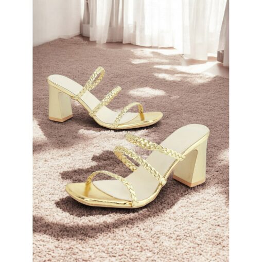Women's Gold Strappy Open-Toe Heeled Sandals with Braided Detailing – Elegant and Comfortable for Formal or Casual Events 2025