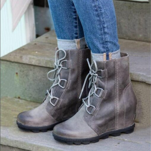 Women's Faux Leather Wedge Boots with Lace-Up Straps - Stylish and Durable Footwear for Outdoor Adventures and Everyday Wear 2025 - Image 2
