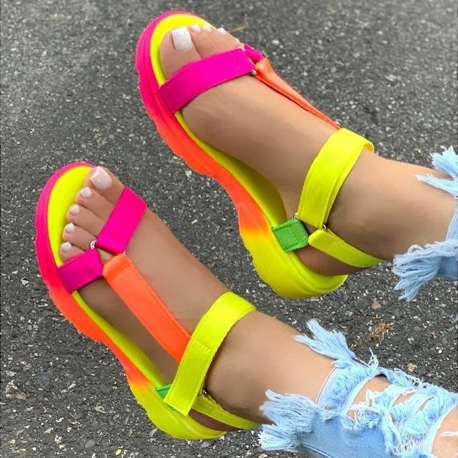 Women's Neon Multicolor Strap Sandals with Cushioned Soles – Trendy and Comfortable for Summer Adventures 2025