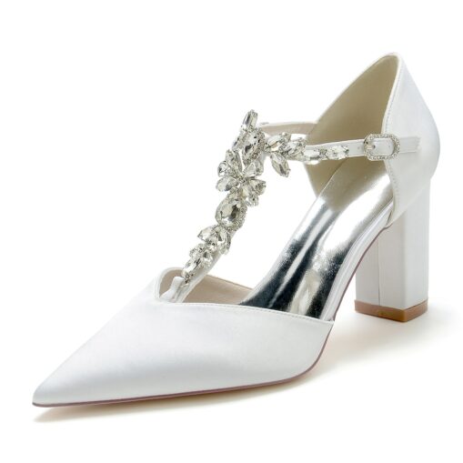 Women's Wedding Shoes Pumps Bridal Shoes Rhinestone Chunky Heel Pointed Toe Luxurious Satin Buckle T-Strap Wine Black White 2025 - Image 5