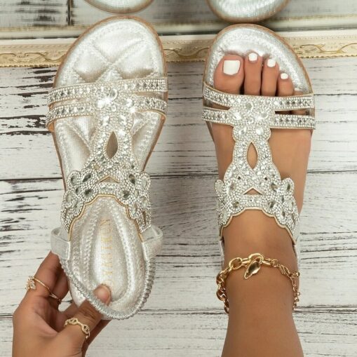 Women's Rhinestone Embellished Silver Sandals – Elegant Summer Flats for Beach, Weddings, and Casual Wear 2025