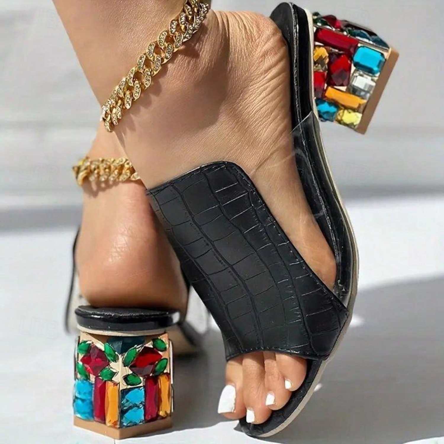Women's White Croc-Embossed Open-Toe Sandals – Chic Slip-On Block Heels with Colorful Rhinestone Embellishments for Party & Summer Wear 2025 - Image 2