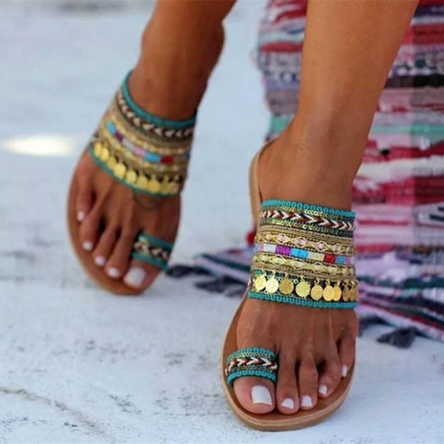 Women's Boho Style Beaded Sandals with Colorful Straps and Toe Ring – Summer Open-Toe Flats for Casual Beach Wear 2025