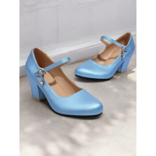 Women's Light Blue Mary Jane Heels with Decorative Buckle Strap and Block Heels – Elegant Footwear for Parties and Formal Events 2025
