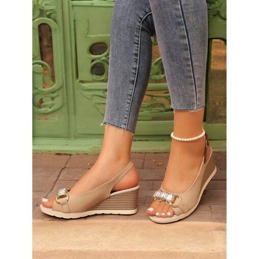 Women's Beige Wedge Sandals with Bow Accent, Open-Toe Design, Comfortable Slingback Style for Casual Summer Outings and Beachwear 2025 - Image 4