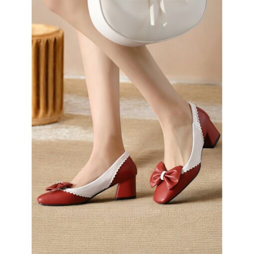 Women's Black and White Block Heel Pumps with Bow Detail – Vintage-Inspired Low-Heel Shoes for Office, Casual, and Dressy Occasions 2025 - Image 4