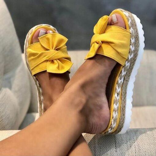 Yellow Women's Platform Sandals with Bow Detail and Woven Espadrille Sole for Stylish Summer Wear 2025