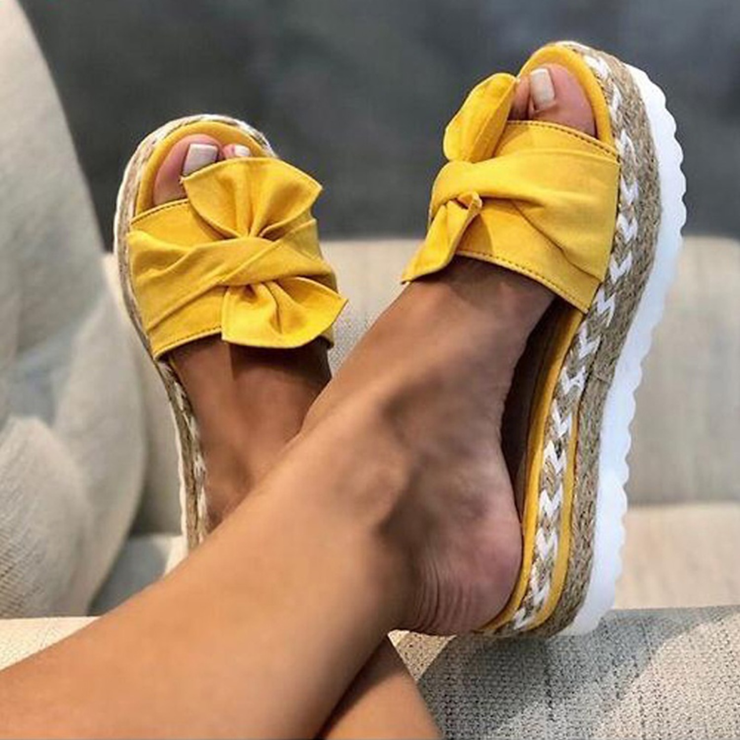 Yellow Women's Platform Sandals with Bow Detail and Woven Espadrille Sole for Stylish Summer Wear 2025