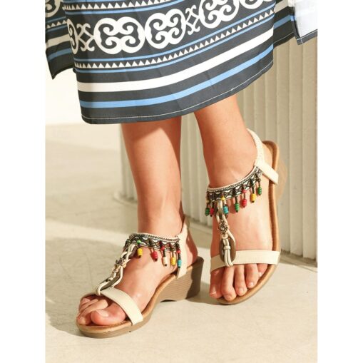 Women's Boho Beaded Wedge Sandals – Open-Toe Summer Shoes with Colorful Tassels and Tribal Charm, Perfect for Casual Outings and Beachwear 2025