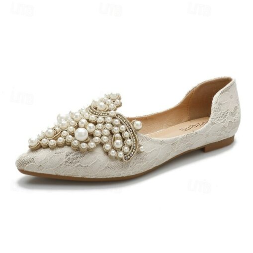 Women's Black Lace Flats with Pearl Embellishments and Pointed Toe - Elegant Dress Shoes for Weddings and Special Occasions 2025 - Image 2