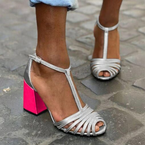 Women's Green and Pink Block Heel Sandals – Bold Two-Tone T-Strap Open-Toe Heels for Parties and Special Occasions 2025 - Image 2