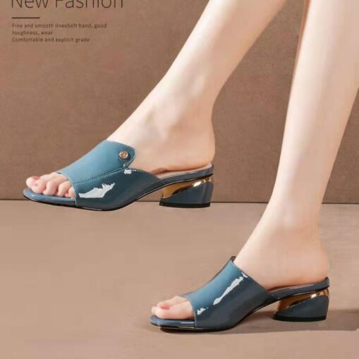 Women's Red Patent Faux Leather Open-Toe Mules with Metallic Block Heels - Chic and Comfortable for Evening Parties 2025 - Image 2