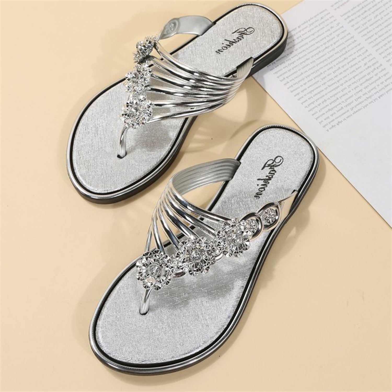 Women's Rhinestone Embellished Gold Slip-On Sandals, Stylish Flat Summer Shoes for Beach, Casual, and Vacation Wear 2025 - Image 2