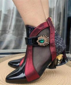 Women's Black and Red Ankle Boots with Mesh Panels and Embellished Heels - Elegant Fashion Footwear for Special Occasions 2025