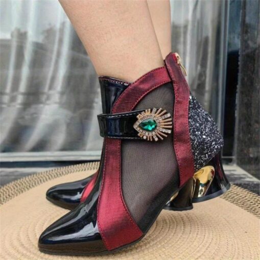 Women's Black and Red Ankle Boots with Mesh Panels and Embellished Heels - Elegant Fashion Footwear for Special Occasions 2025