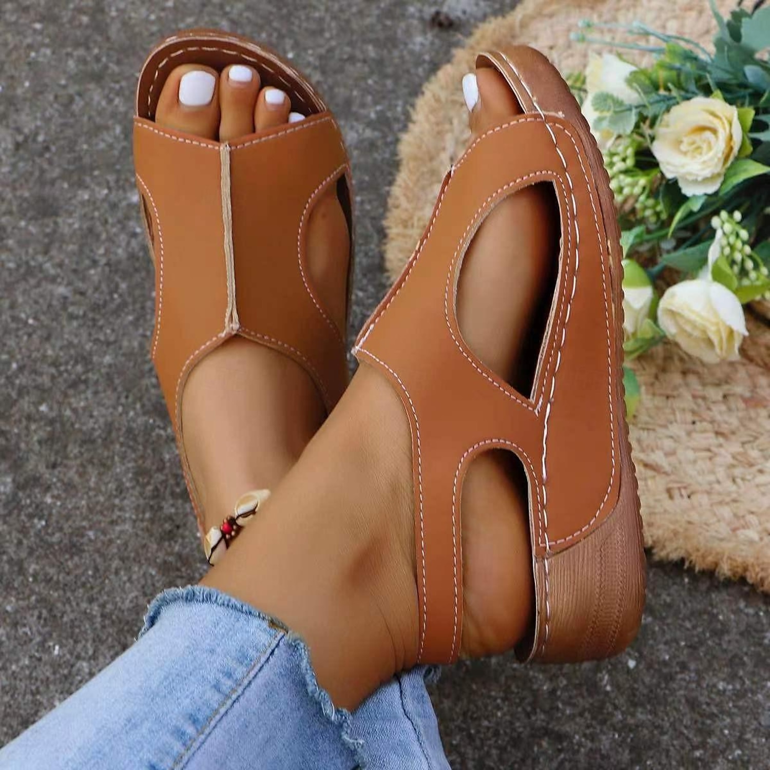 Women's Solid Color Wedge Heeled Sandals Casual Cutout Design Platform Shoes Comfortable Ankle Strap Sandals Green Brown Pink White Black Sandals 2025 - Image 3