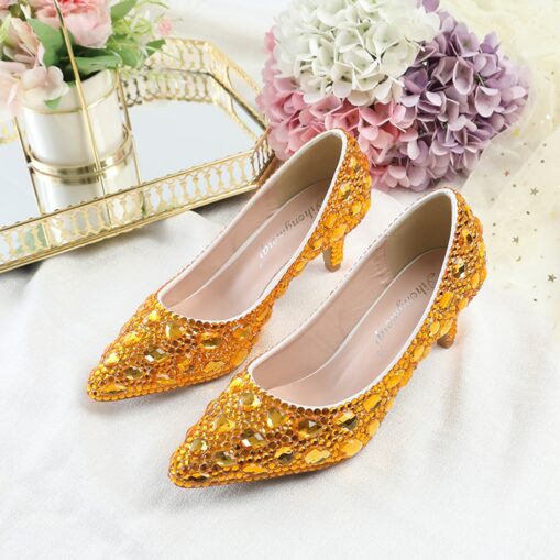 Women's Gold Rhinestone Embellished Pointed Toe Kitten Heels – Luxury Bridal or Evening Party Shoes 2025 - Image 2