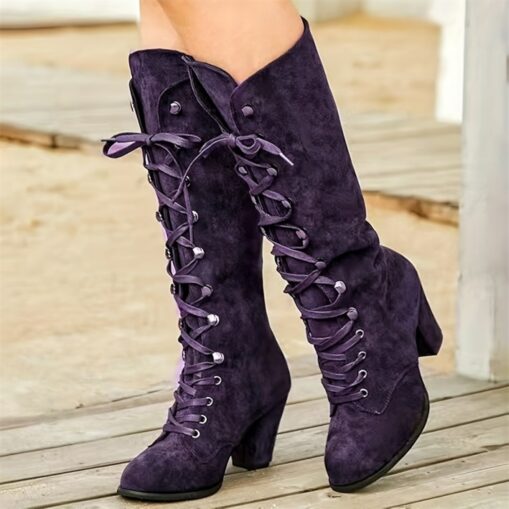 Women's Blue Knee-High Lace-Up Boots with Block Heels for Fashion and Casual Wear 2025 - Image 4