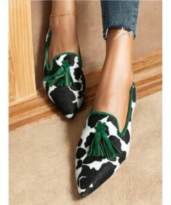 Women's Cow Print Tassel Loafers with Green Trim – Stylish Slip-On Dress Shoes for Casual and Formal Occasions 2025