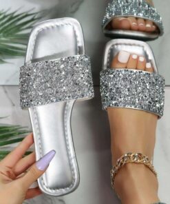 Women's Slippers Bling Bling Shoes Plus Size Beach Slippers Daily Beach Solid Color Plaid Summer Rhinestone Sequin Flat Heel Open Toe Fashion Casual F