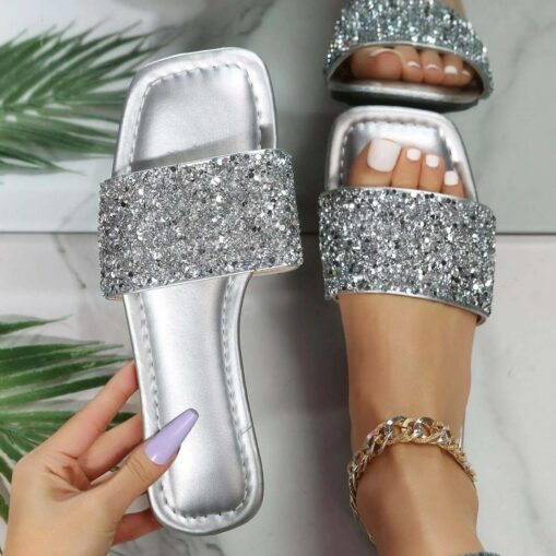 Women's Slippers Bling Bling Shoes Plus Size Beach Slippers Daily Beach Solid Color Plaid Summer Rhinestone Sequin Flat Heel Open Toe Fashion Casual F