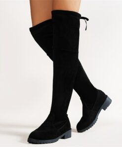 Women's Black Over-the-Knee Suede Boots with Chunky Heel - Stylish Thigh-High Boots for Winter and Casual Wear 2025