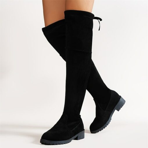 Women's Black Over-the-Knee Suede Boots with Chunky Heel - Stylish Thigh-High Boots for Winter and Casual Wear 2025