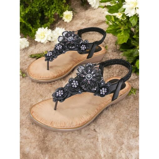 Women's Pink Floral Lace Embellished T-Strap Sandals – Comfortable Chic Summer Slip-On Footwear 2025 - Image 4