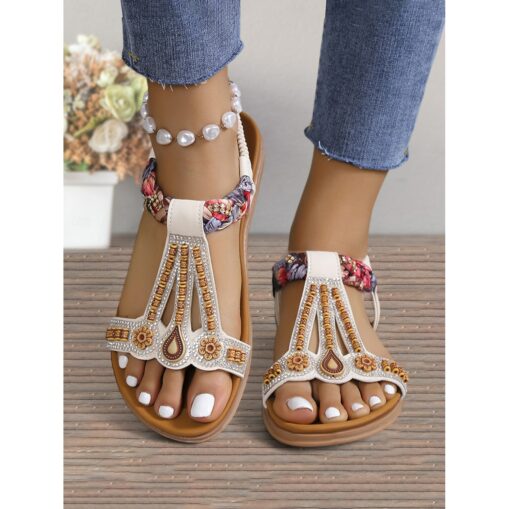 Women's Beaded T-Strap Sandals with Floral Embellishments and Comfortable Sole – Perfect for Beach, Vacation and Casual Wear 2025 - Image 2