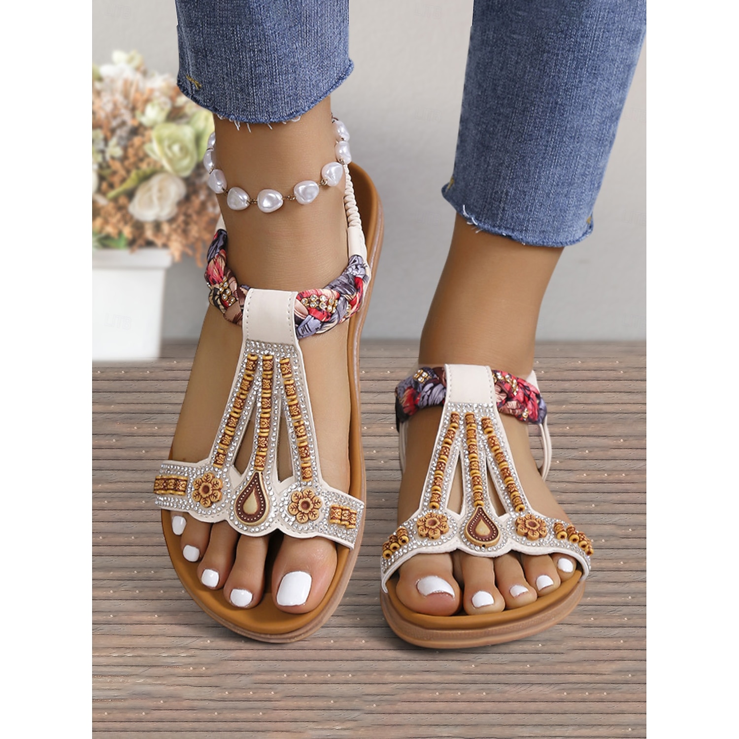 Women's Beaded T-Strap Sandals with Floral Embellishments and Comfortable Sole – Perfect for Beach, Vacation and Casual Wear 2025 - Image 2