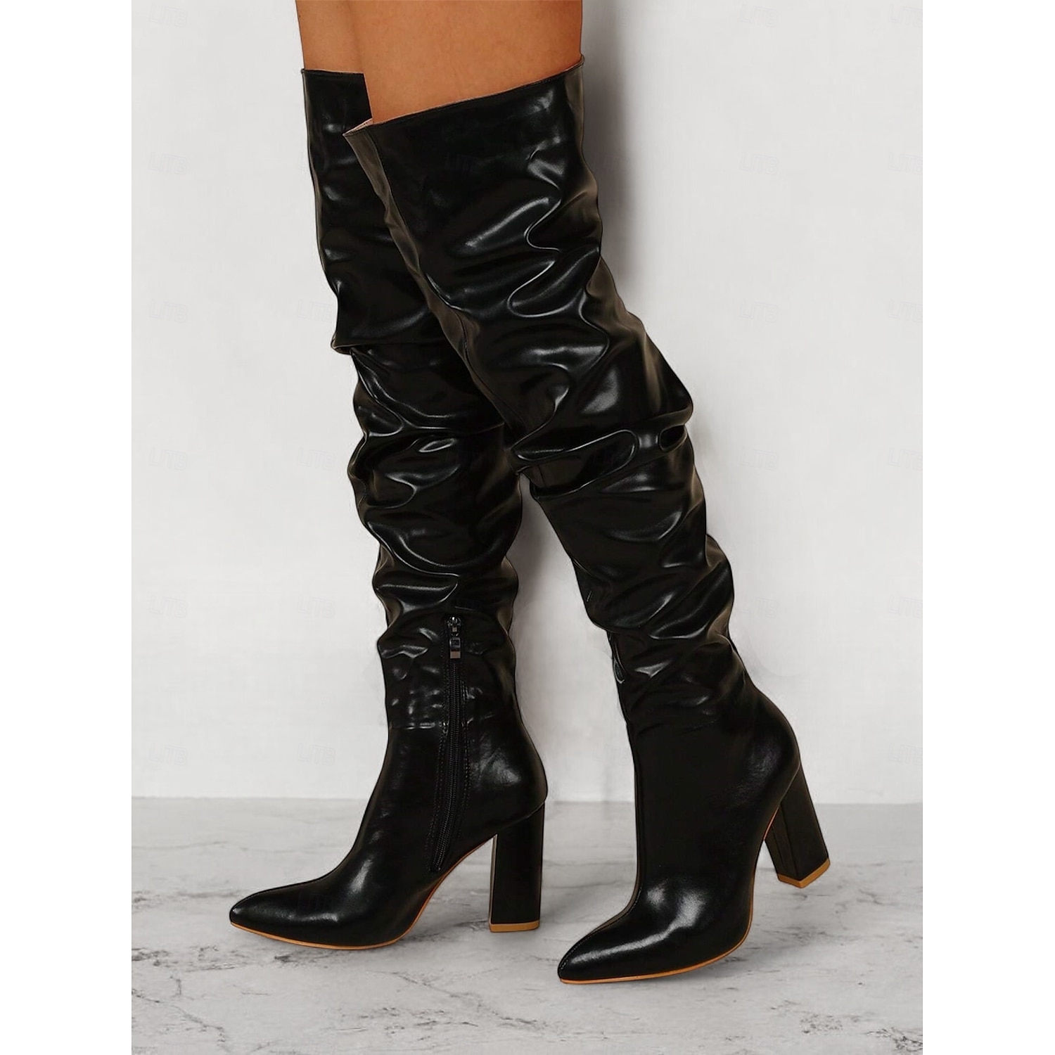 Women's Black Slouchy Over-the-Knee Boots – Stylish Pointed Toe with Block Heel for Winter Fashion and Evening Outfits 2025