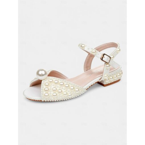 Women's White Pearl-Embellished Low Heel Sandals – Elegant Open-Toe Wedding & Prom Shoes 2025 - Image 2