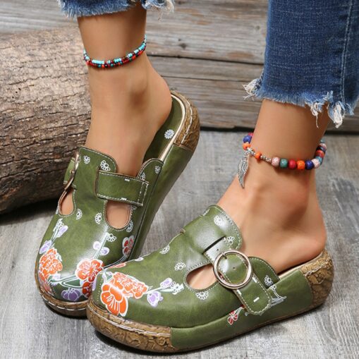 Women's Floral Embroidered Slip-On Clogs with Buckle Detail and Wedge Heel - Comfortable Vintage Casual Shoes 2025 - Image 3