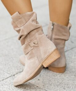 Women's Casual Beige Faux Suede Slouchy Ankle Boots with Buckle Detail - Perfect for Everyday Wear, Autumn Outings, and Casual Gatherings 2025