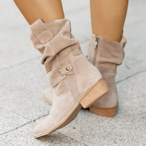 Women's Casual Beige Faux Suede Slouchy Ankle Boots with Buckle Detail - Perfect for Everyday Wear, Autumn Outings, and Casual Gatherings 2025