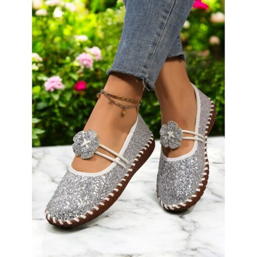 Women's Flats Handmade Shoes Comfort Shoes Daily Travel Mother's Day Floral Sequin Flower Flat Heel Round Toe Casual Comfort Minimalism Faux Leather S - Image 2