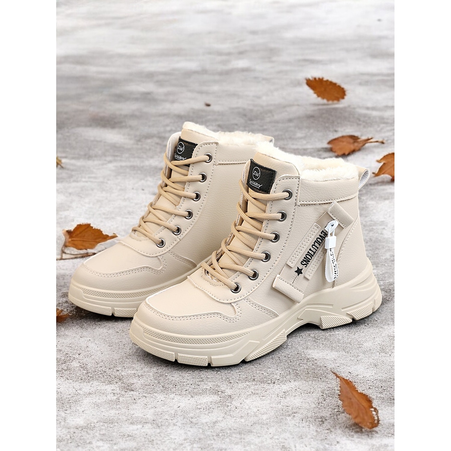 Women's Lace-Up Ankle Boots with Warm Fur Lining – Stylish Beige Winter Boots for Outdoor Cold Weather Comfort 2025