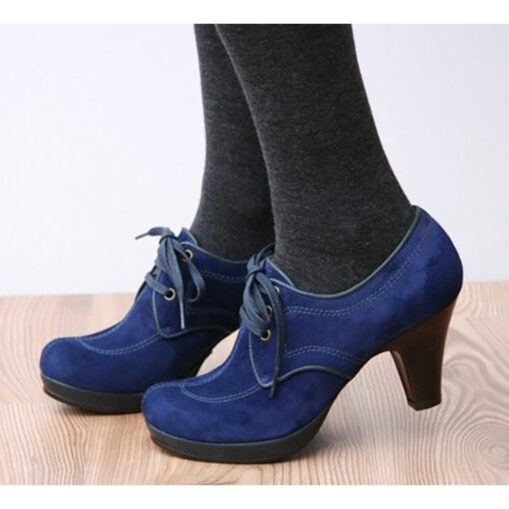 Women's Blue and Green Suede Lace-Up Heeled Oxford Shoes - Vintage-Inspired Platform Ankle Boots for Casual and Dressy Outfits 2025