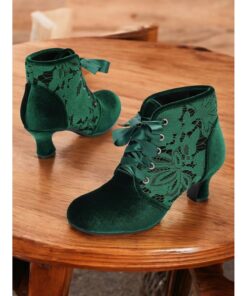 Women's Elegant Green Velvet Lace-Up Ankle Boots with Kitten Heel Floral Lace Detail Comfortable for Parties Victorian Cosplay and Special Occasions