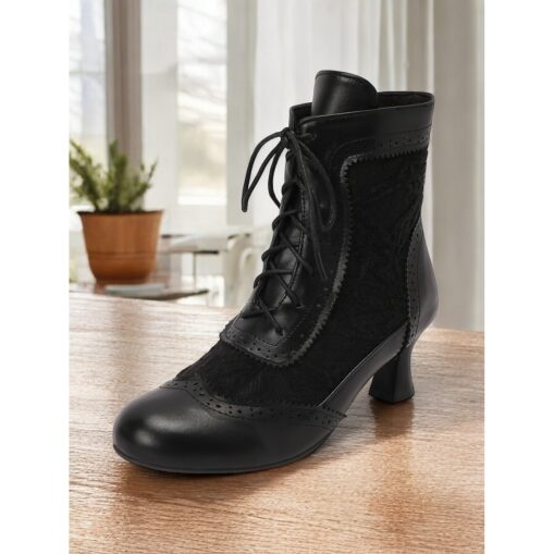 Victorian Style Women's Ankle Boots with Lace Design and Faux Leather Accents – Vintage Lace-Up Footwear for Casual and Costume Occasions 2025 - Image 4