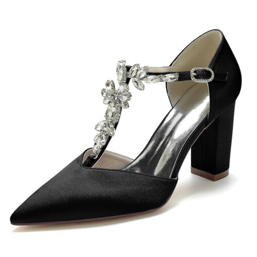 Women's Wedding Shoes Pumps Bridal Shoes Rhinestone Chunky Heel Pointed Toe Luxurious Satin Buckle T-Strap Wine Black White 2025 - Image 7